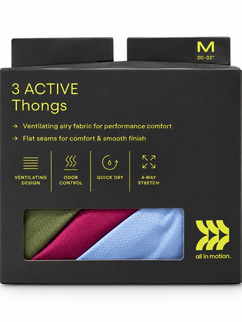 NWT All in Motion 3-Pack Active Thongs Size Medium Green Pink Blue